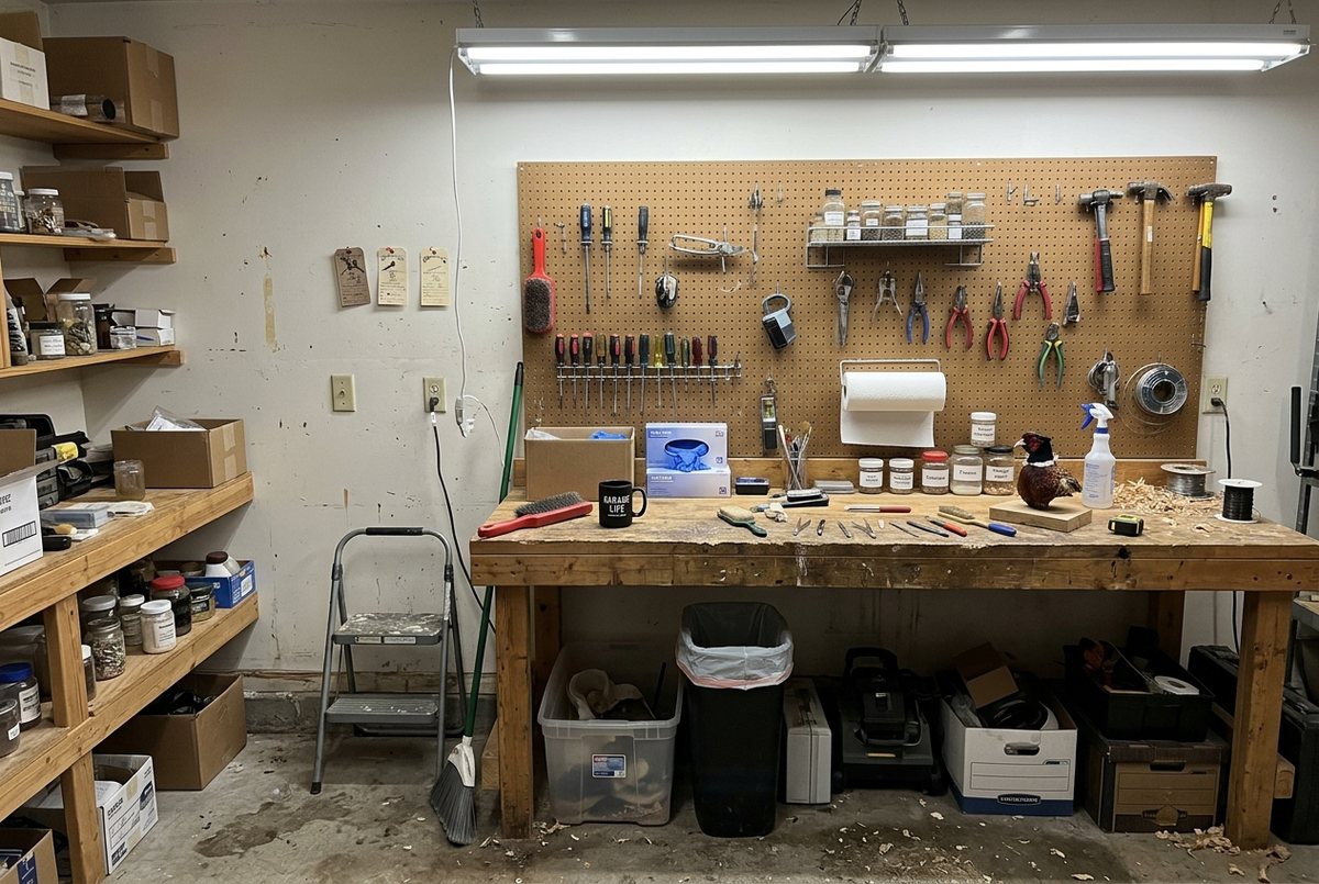 Taxidermy workbench with hand tools, jars and a mounted pheasant